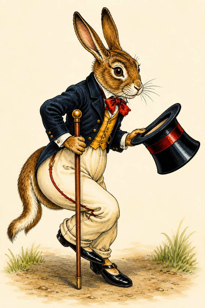Colourful classic illustrated children’s book character featuring an elegant rabbit gentleman wearing a top hat and carrying a cane.