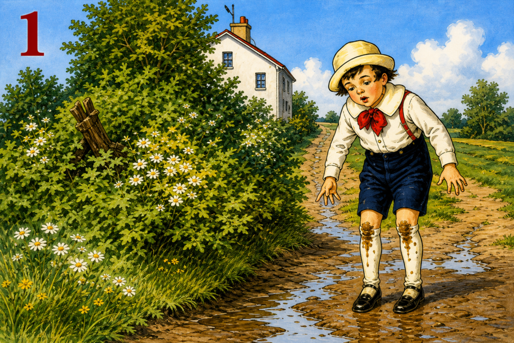 Colourful classic children’s adventure illustration showing characters racing through the countryside in an imaginative story scene.